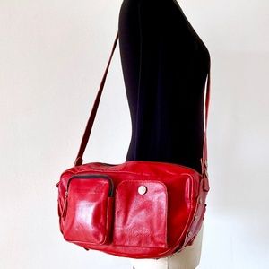 MCJH & TWJ crossbody red shoulder bag leather pockets rivets plaid lining